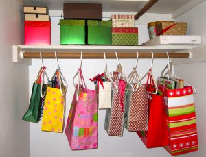 My former heap of gift bags of all shapes and sizes now neatly organized and easy to find in the closet.